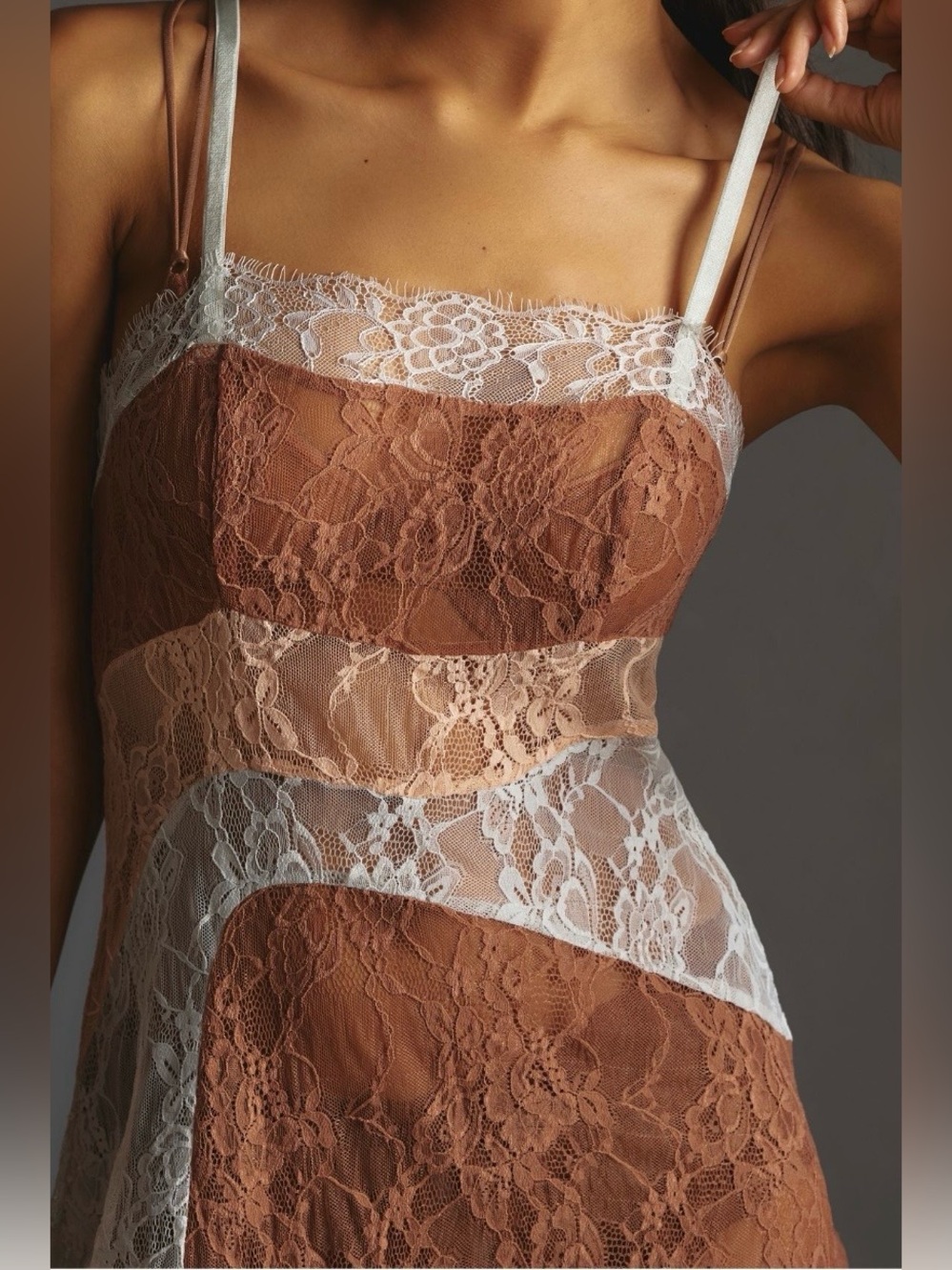 Anthropologie Sleeveless Colorblock Lace Mini Dress - see thru